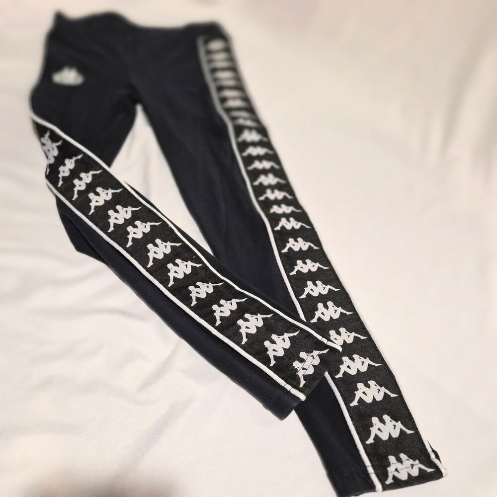 Kappa Banda Leggings Black White Side Stripe Logo Tape XS Athleisure Sporty
